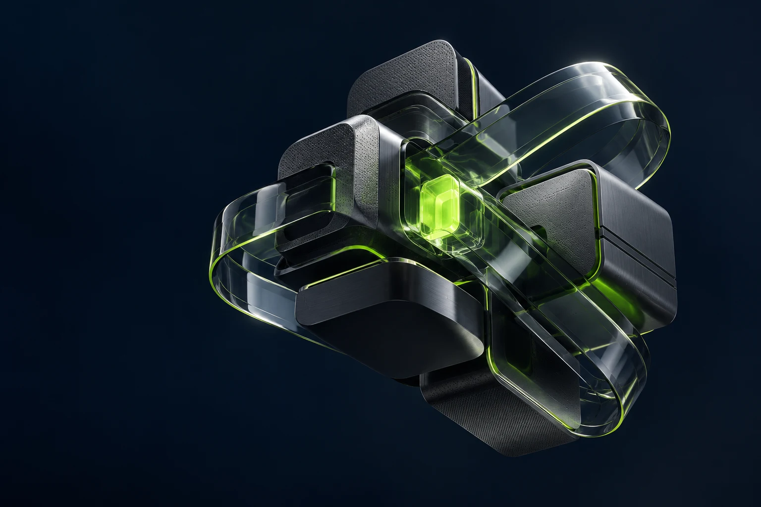 Abstract connected glass and graphite modules with a luminous green centre